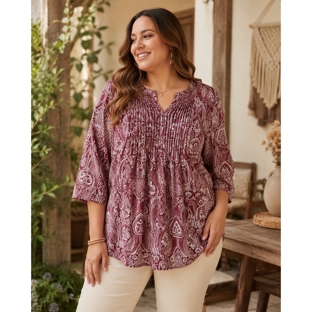 508.  Boho Roamans 22W Tunic Top Burgundy Paisley Pintuck Pleated 3/4 Sleeve